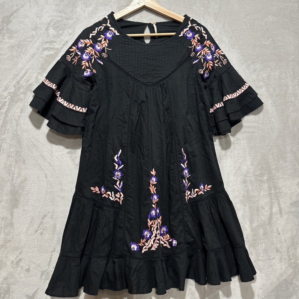 Free People Pavlo A-Line Baby Doll Mini Dress Women's XS Black Embroidered